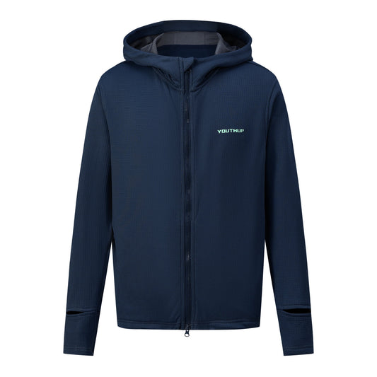 YOUTHUP Men's Full Zip Hooded Athletic Jacket, Lightweight Knit Workout Hoodie with Thumb Holes, Watch Window Cuffs, Zipper Pockets