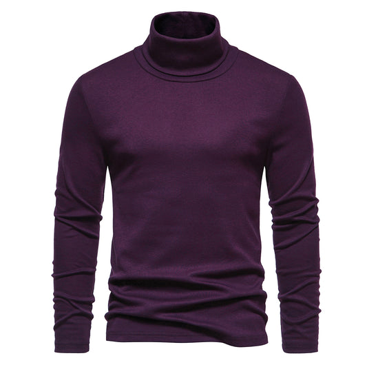 Men's solid color pullover high neck long sleeved T-shirt purple