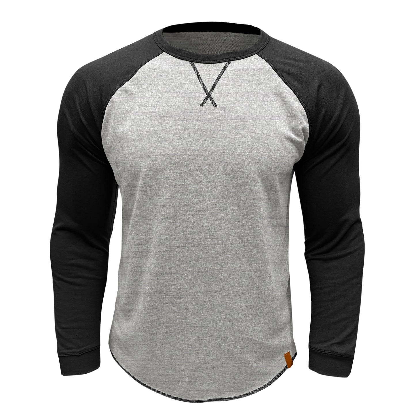 Men's long sleeved round neck casual T-shirt gray white with black