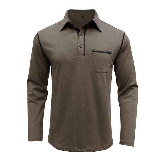 Men's solid lapel long-sleeved T-shirt brown
