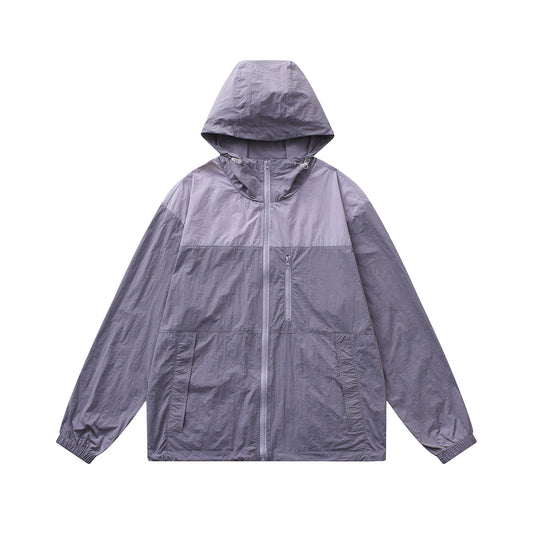 Men's color blocked hooded long sleeved sunscreen suit purple