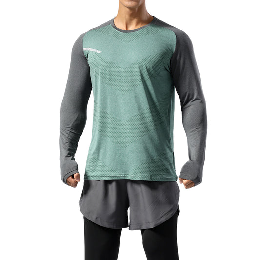Men's color blocked round neck quick drying long sleeved T-shirt in green