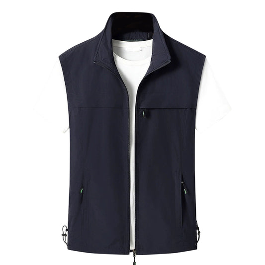 Men's solid color stand-up collar single zipper casual vest dark blue