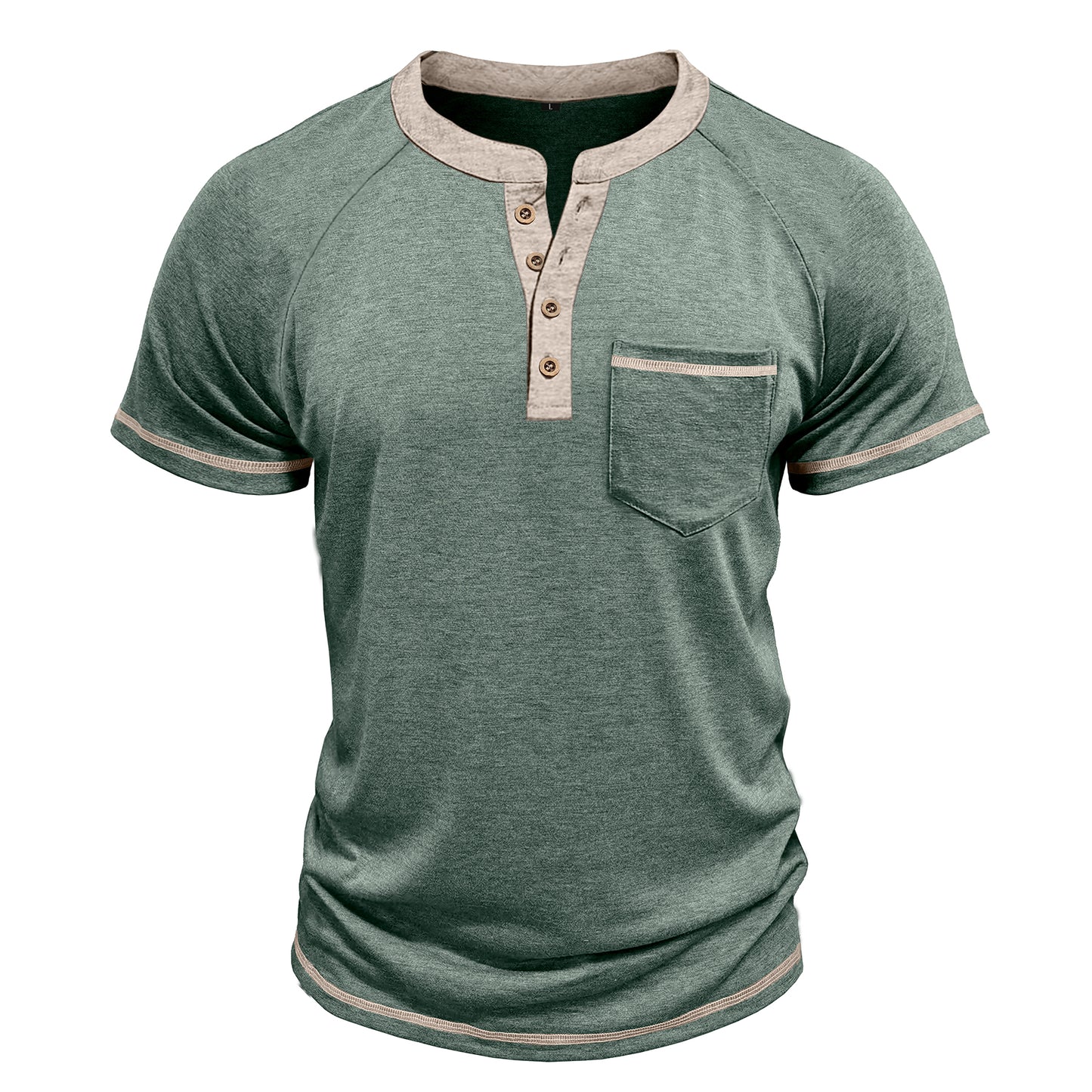 Men's solid color round neck half-breasted loose casual short-sleeved T-shirt army green