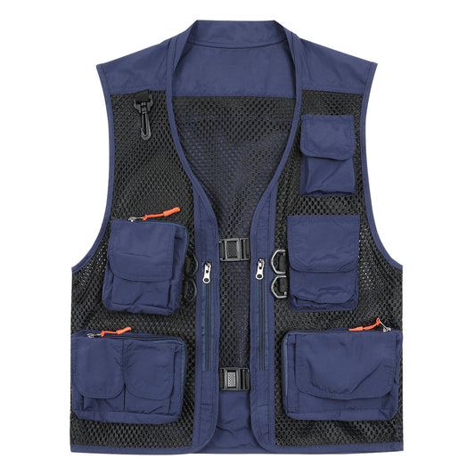 Men's solid color multi-pocket thin mesh casual vest blue