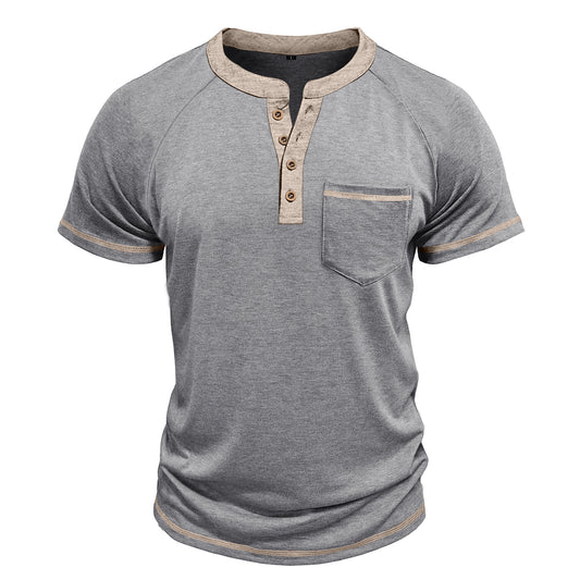 Men's solid color round neck half-breasted loose casual short-sleeved T-shirt light gray