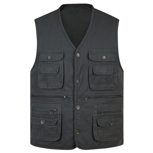 Men's solid v-neck multi-pocket vest dark gray