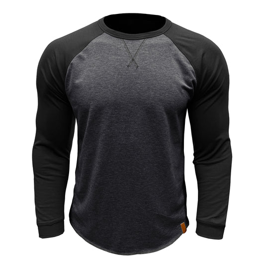 Men's long sleeved round neck casual T-shirt in dark gray with black