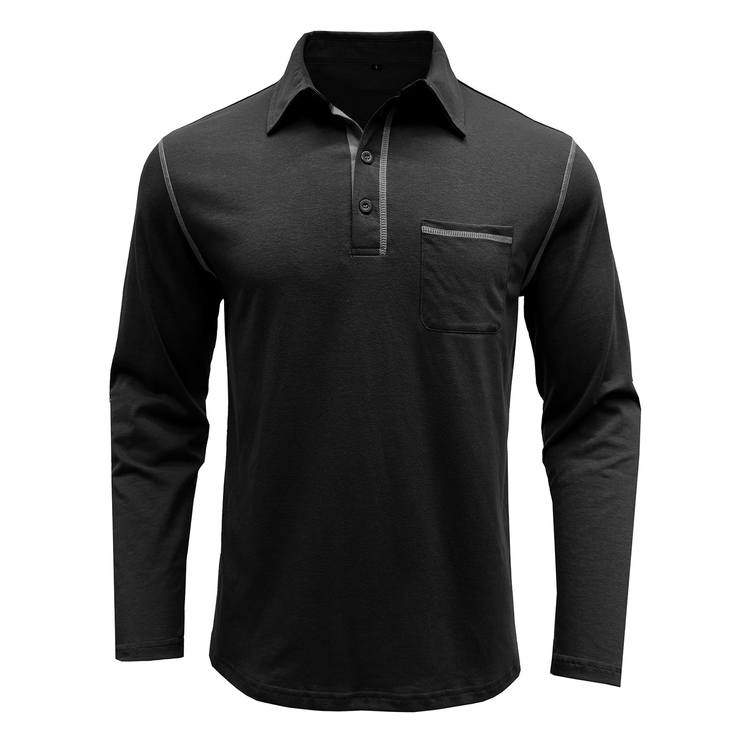 Men's solid lapel long-sleeved T-shirt black