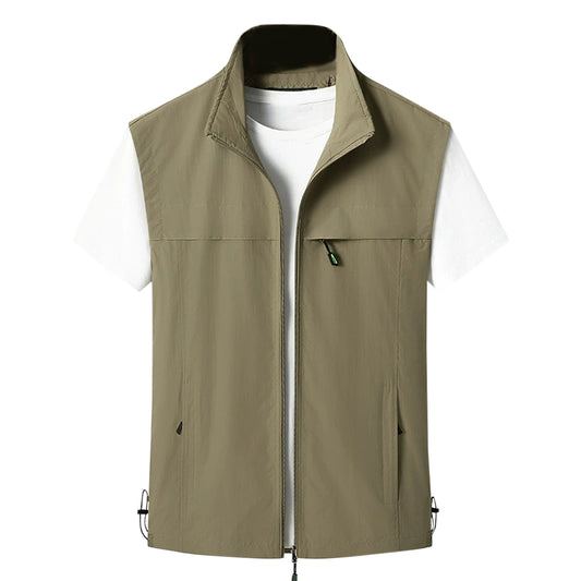 Men's solid color stand collar single zipper waistcoat casual khaki
