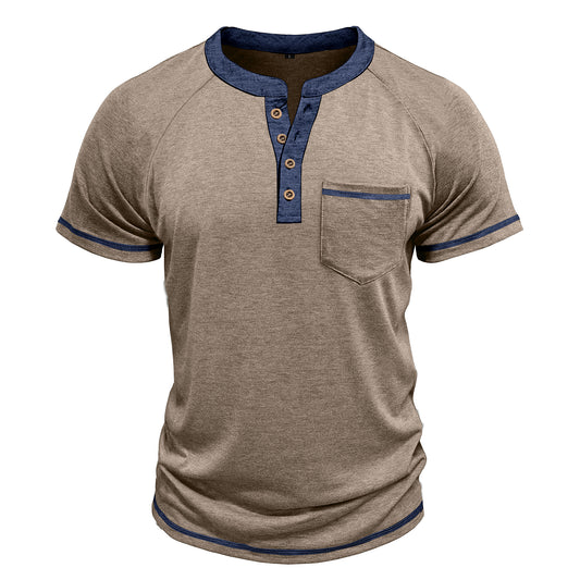 Men's solid color round neck half-breasted loose casual short-sleeved T-shirt khaki