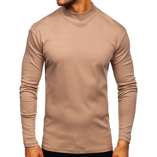 Men's solid color high neck long sleeved T-shirt khaki