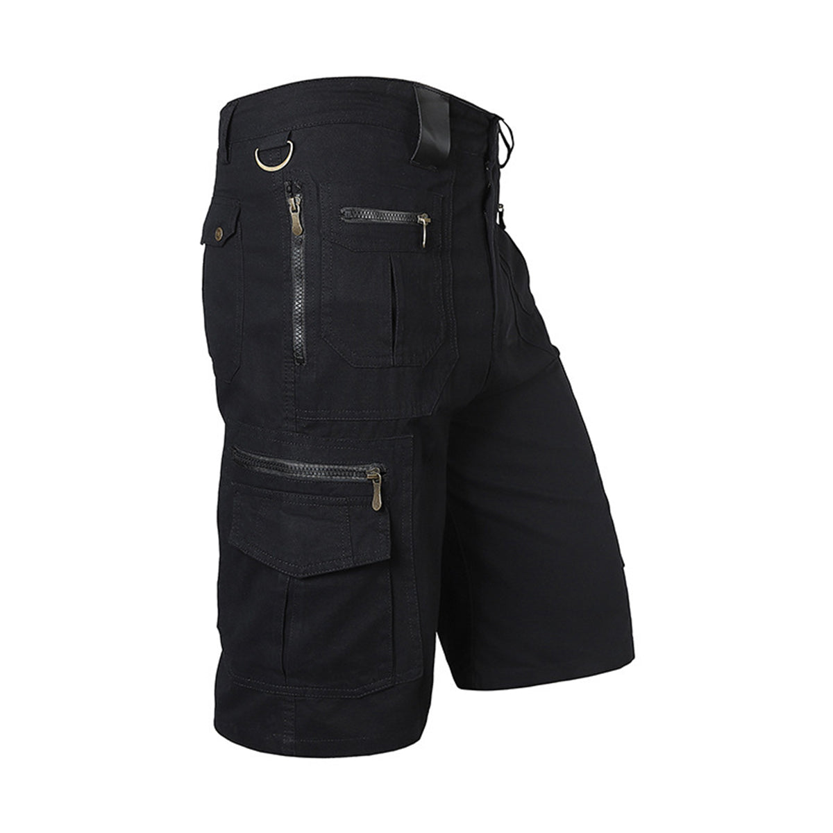 Men's solid-color straight-leg slacks with multiple pockets and seven-point shorts in black