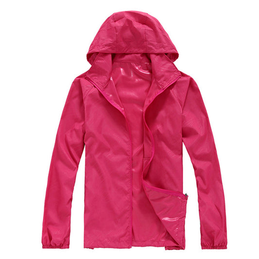 Men's solid color dark pattern zipper hooded waterproof sunscreen suit comes with a same color storage bag in rose red