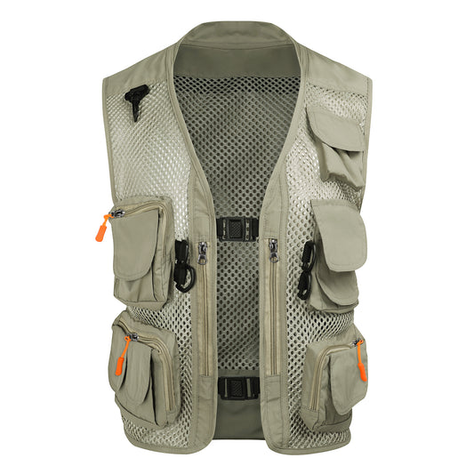 Men's solid color multi-pocket thin mesh casual vest khaki order note with the new European size watch, only retain size standard delivery date from one month