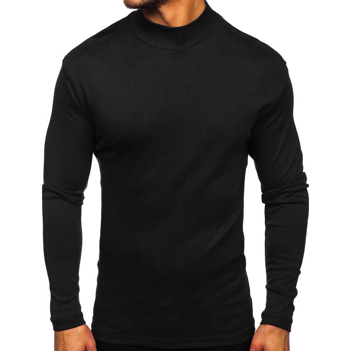 Men's solid color high neck long sleeved T-shirt in black