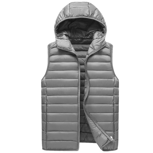 Men's middle-aged solid color plush hooded vest light gray