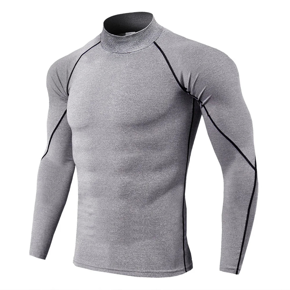 Men's solid color stand up collar long sleeved T-shirt with gray background and black line