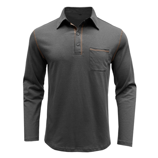 Men's solid lapel long-sleeved T-shirt dark gray