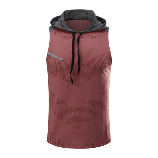 Men's hooded sleeveless color blocked sports and leisure vest, date red