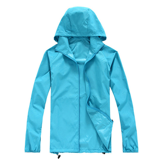 Men's solid color dark pattern zipper hooded waterproof sunscreen suit comes with a same color storage bag in sky blue