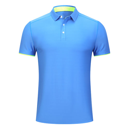 Men's solid color quick drying POO collar short sleeved T-shirt with colorful blue