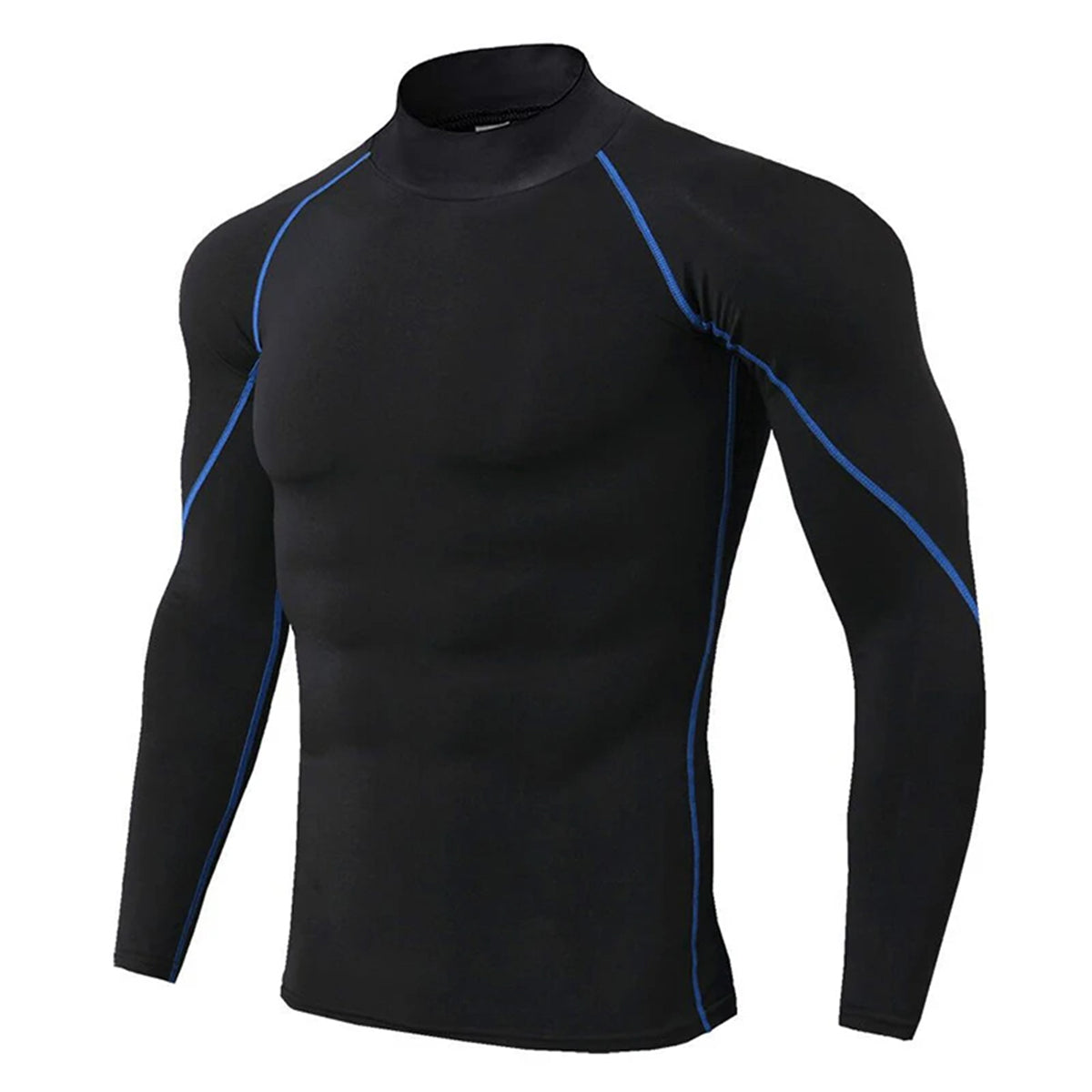 Men's solid color stand up collar long sleeved T-shirt with black background and blue line