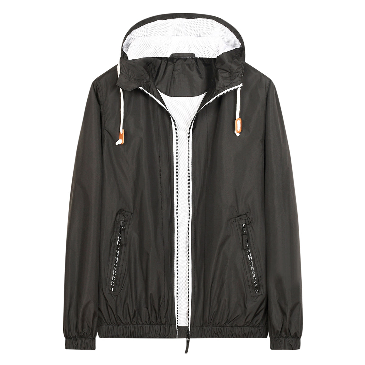 Men's quilted hooded zip-up baggy waterproof jacket in solid black