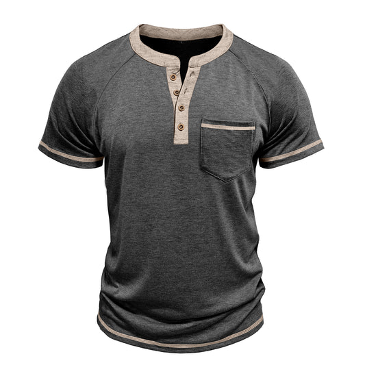 Men's solid color round neck half-breasted loose casual short-sleeved T-shirt dark gray