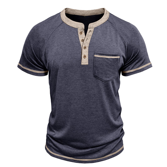 Men's solid color round neck half-breasted loose casual short-sleeved T-shirt navy blue