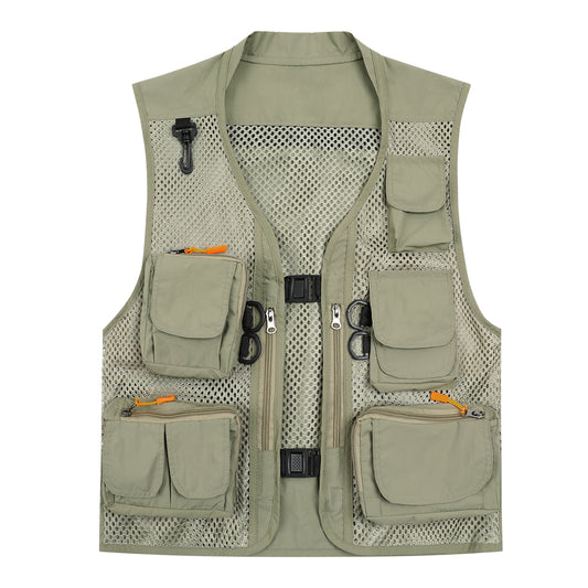 Men's solid color multi-pocket thin mesh casual vest khaki
