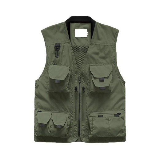 Men's solid color multi-pocket casual vest green