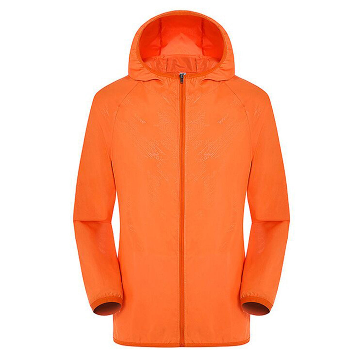 Men's solid color dark pattern zipper hooded waterproof sunscreen suit comes with a same color storage bag in orange