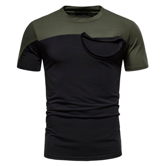 Men's color-blocked round neck short-sleeved T-shirt with black top and white bottom