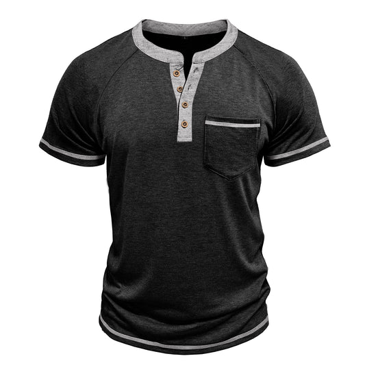 Men's solid color round neck half-breasted loose casual short-sleeved T-shirt black