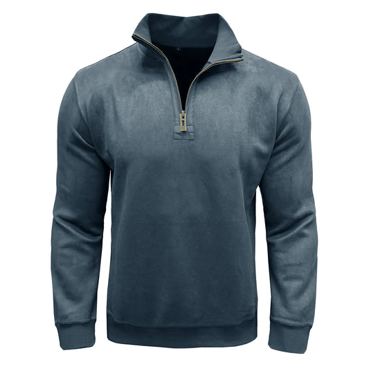 Men's solid color stand collar loose t-shirt gray blue