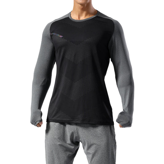Men's color blocked round neck quick drying long sleeved T-shirt in black