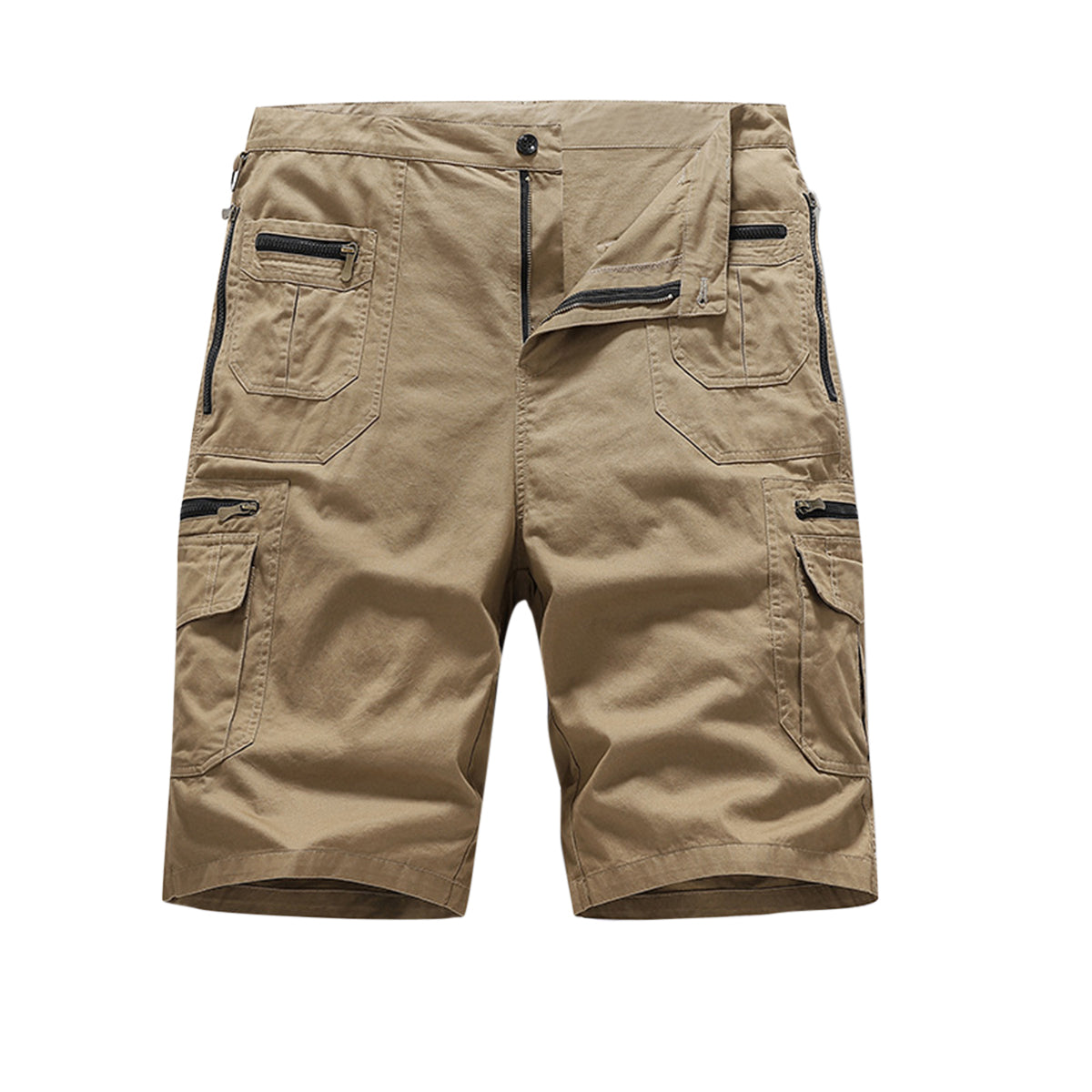 Men's solid-color, wide, straight-leg, multi-pocketed seven-quarter short khakis