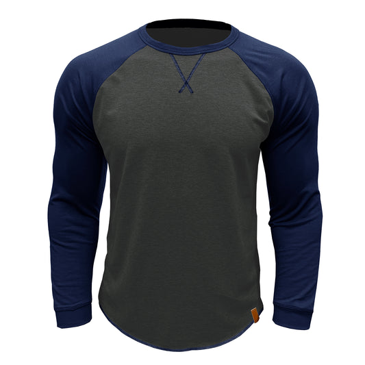Men's long sleeved round neck casual T-shirt gray with navy blue