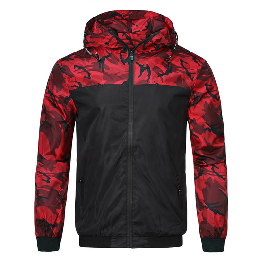 Men's hooded camouflage patchwork jacket red