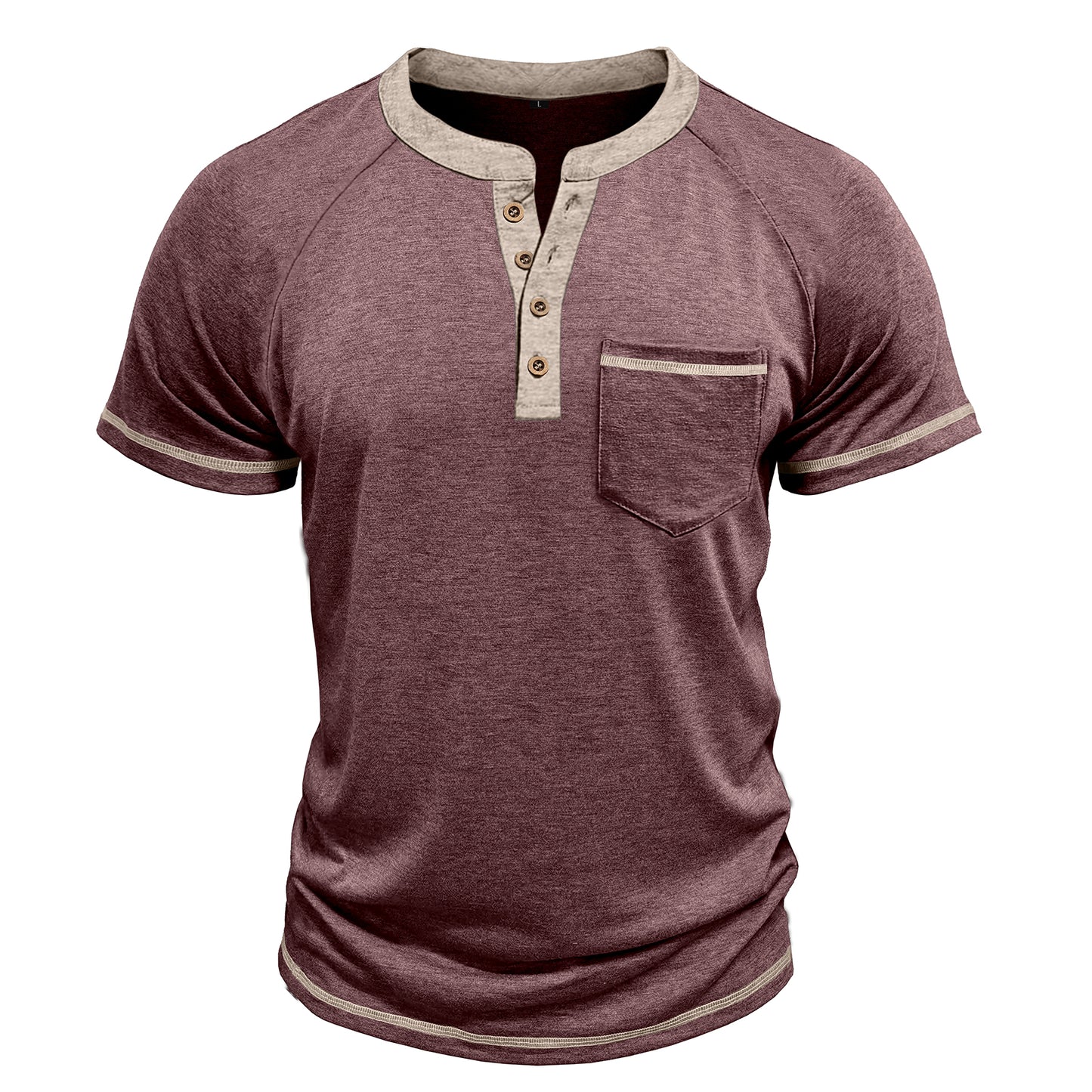 Men's solid color round neck half-breasted loose casual short-sleeved T-shirt dark red