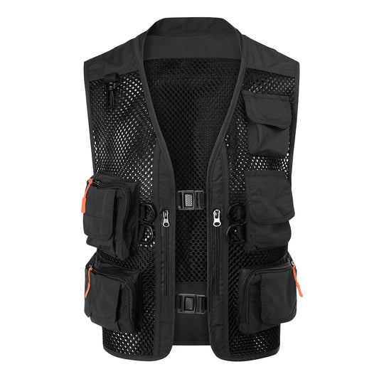 Men's solid color multi-pocket thin mesh casual vest black