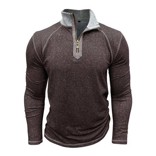 Men's close-fitting T-shirt with zipper collar and brown color