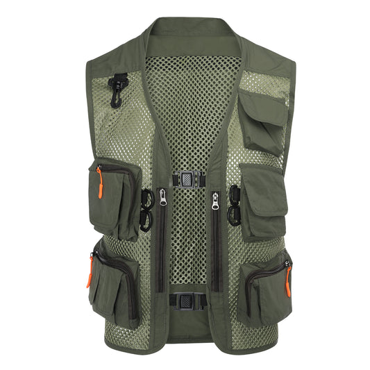 Men's solid color multi-pocket thin mesh casual vest green order note with the new European size watch, only retain size standard delivery date from one month
