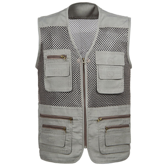Men's multi pocket V-neck casual vest in beige