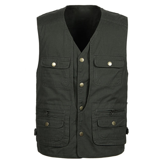 Men's solid color V-neck multi-pocket vest military green