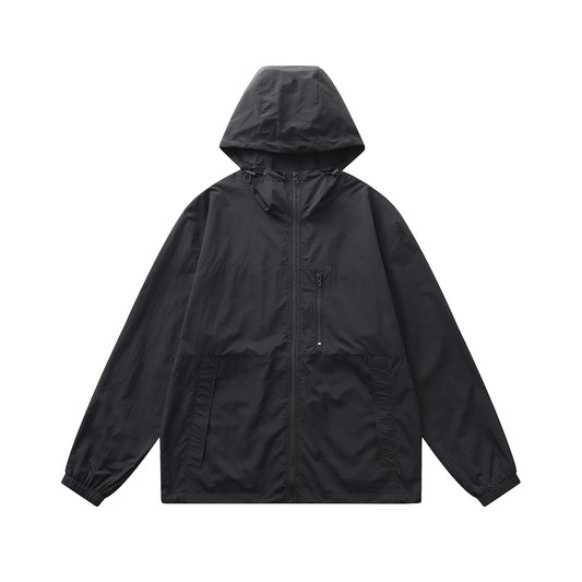 Men's color blocked hooded long sleeved sunscreen jacket in black