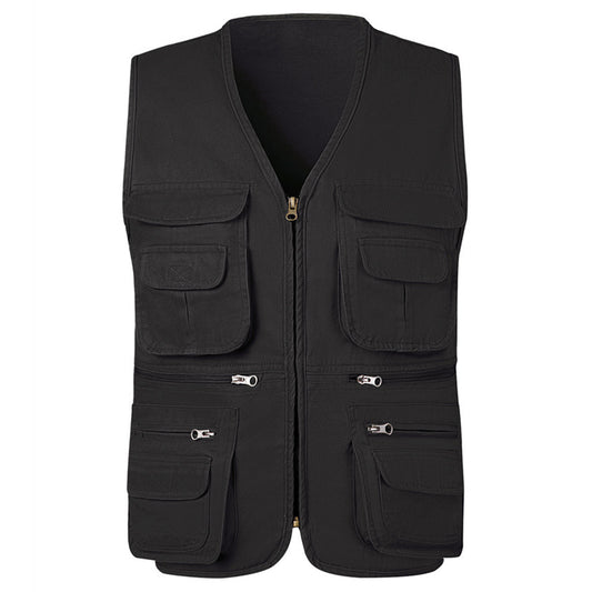 Men's solid v-neck multi-pocket vest black