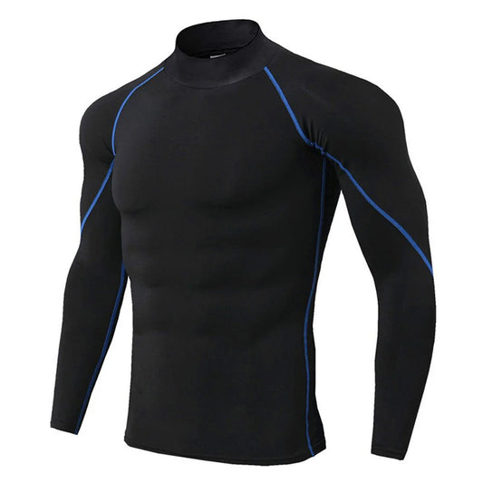 Men's solid color stand up collar long sleeved T-shirt with black background and blue line