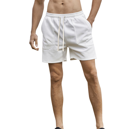 Men's solid color elastic waist sports loose casual shorts with large pocket - white